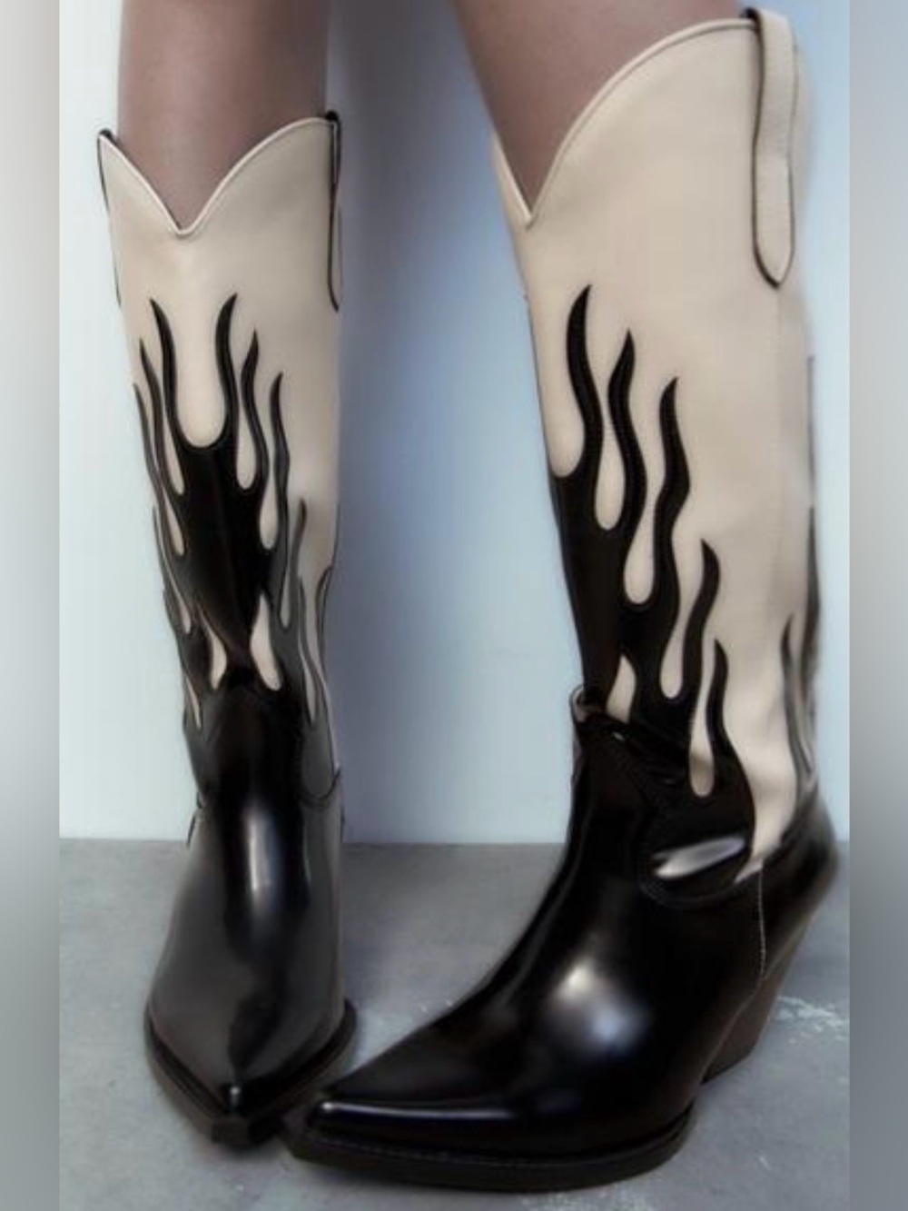 Zara Black & White Flame Cowboy Boots Size 38